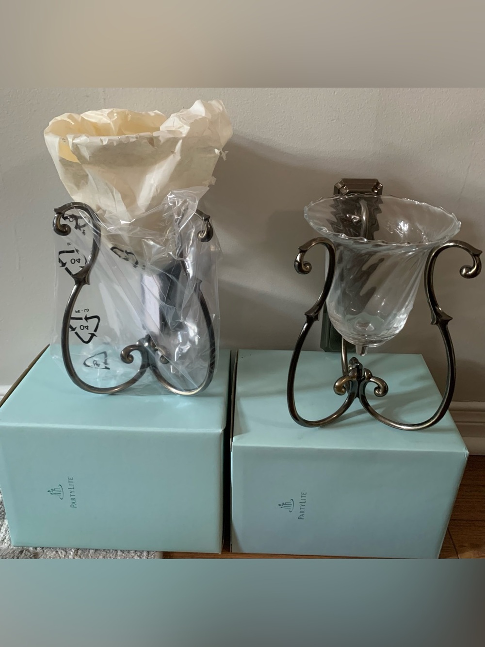 PartyLite Swirl Glass Wall Sconces with Bronze Metal Wall Mounts - Set of 2